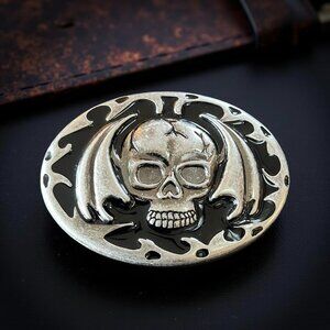 Vintage Y2K | Gothic Winged Skull | Pewter & Enamel | Rocker | Buckle